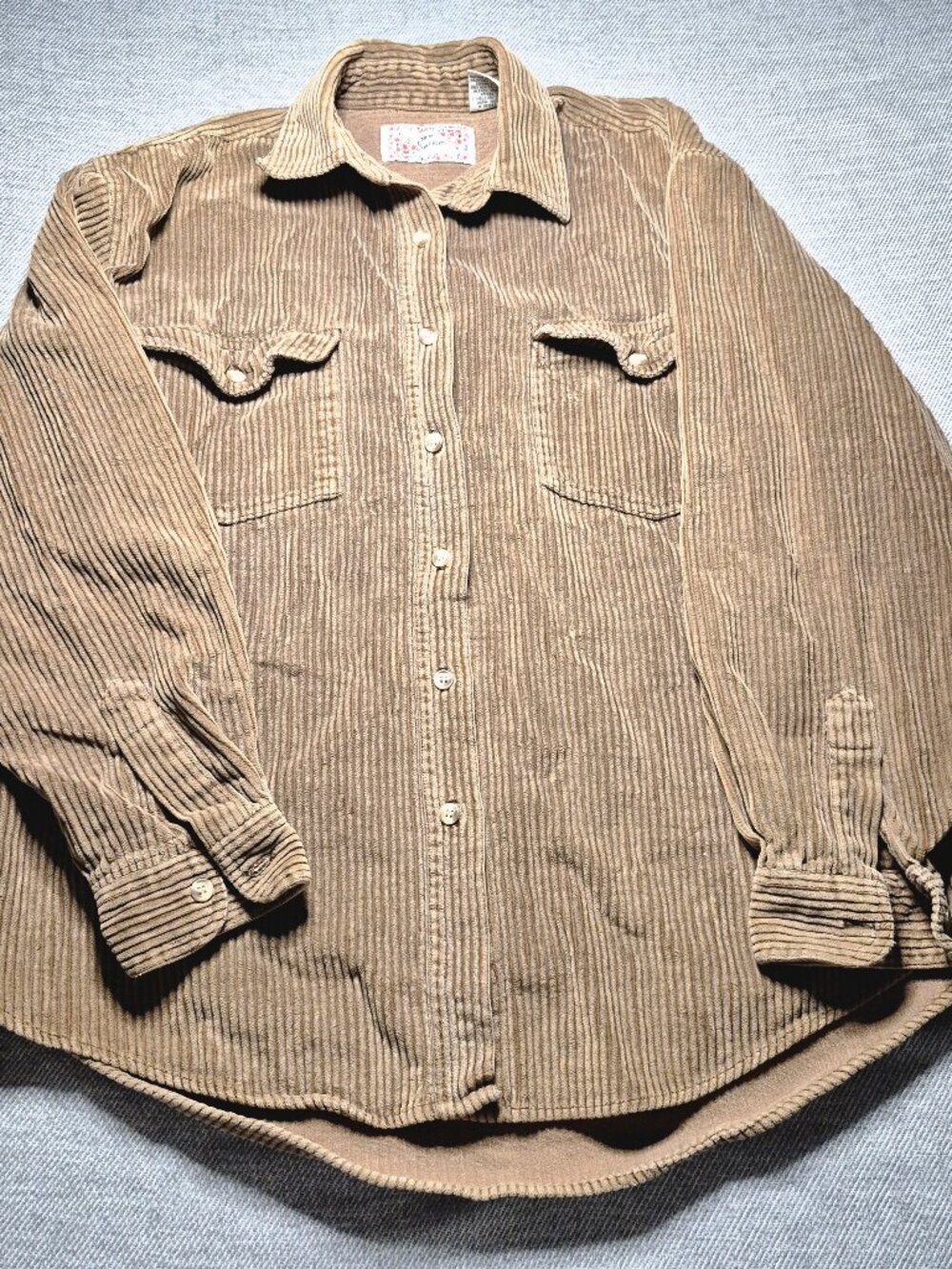 New Directions Corduroy Button Up Shirt Wide Wale Tan Grandpa Collar Size M